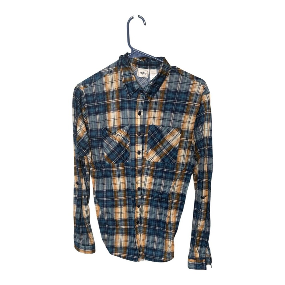 Daytrip Blue Brown Plaid Flannel Button Up Shirt S Small Roll Tab Long Sleeve